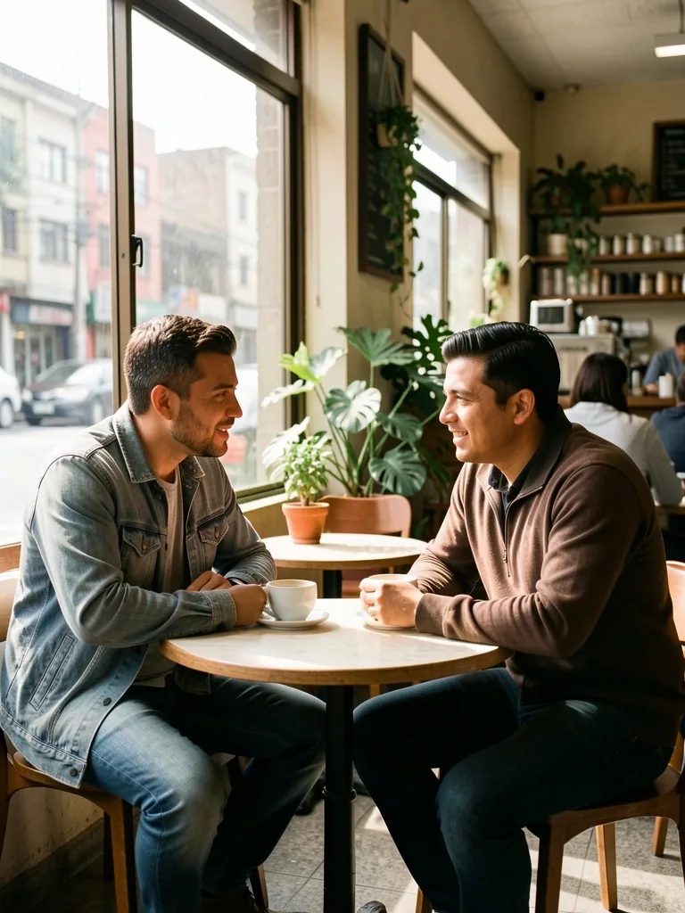 Dos hombres conversando en un café