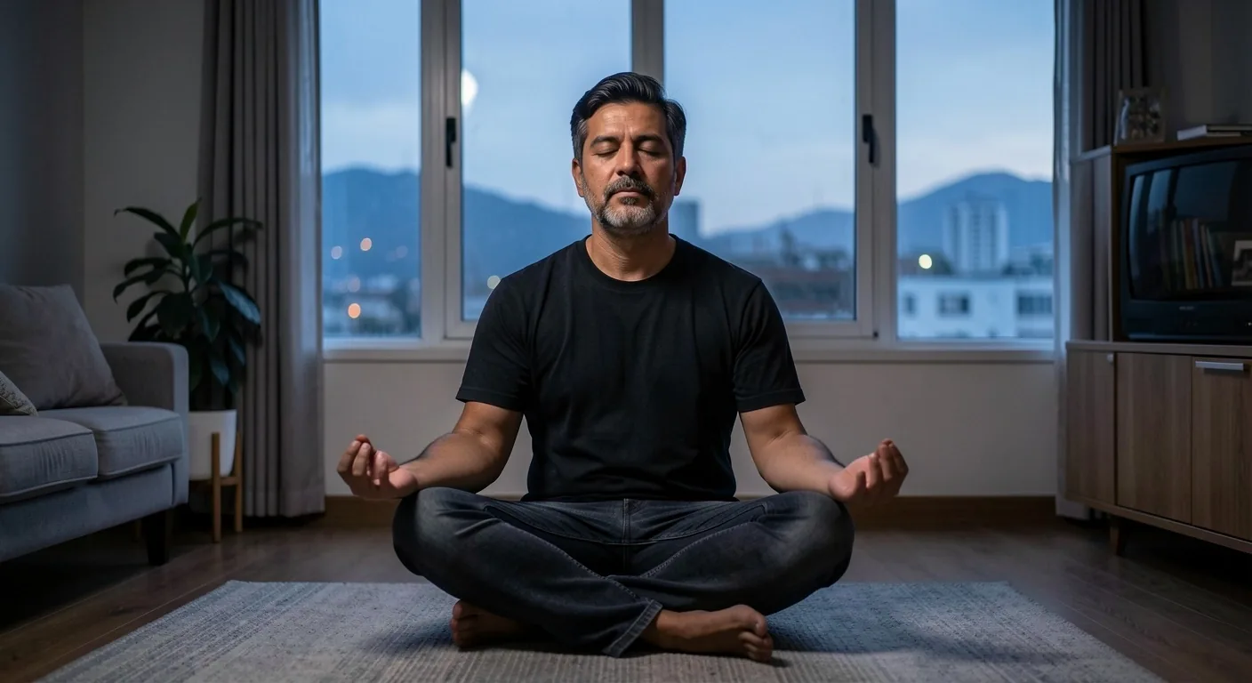 Hombre practicando respiración consciente en un espacio tranquilo