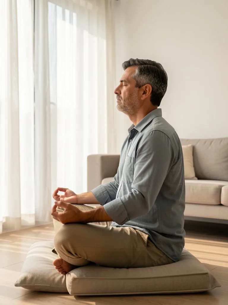 Hombre practicando meditación en un espacio minimalista