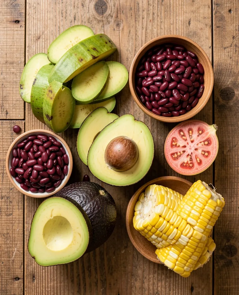 Alimentos frescos colombianos sobre mesa de madera