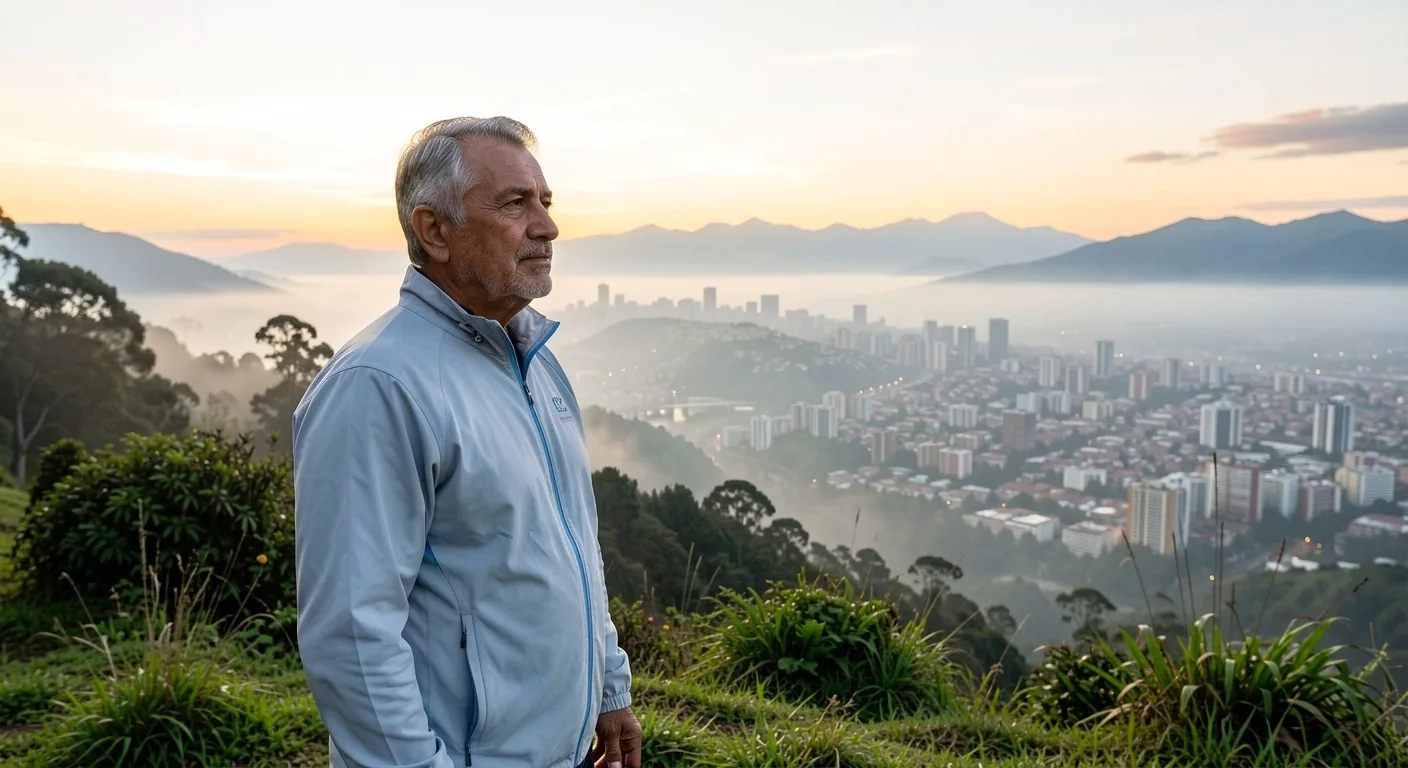 Hombre colombiano al amanecer sobre Bogotá, en actitud de bienestar cardiovascular