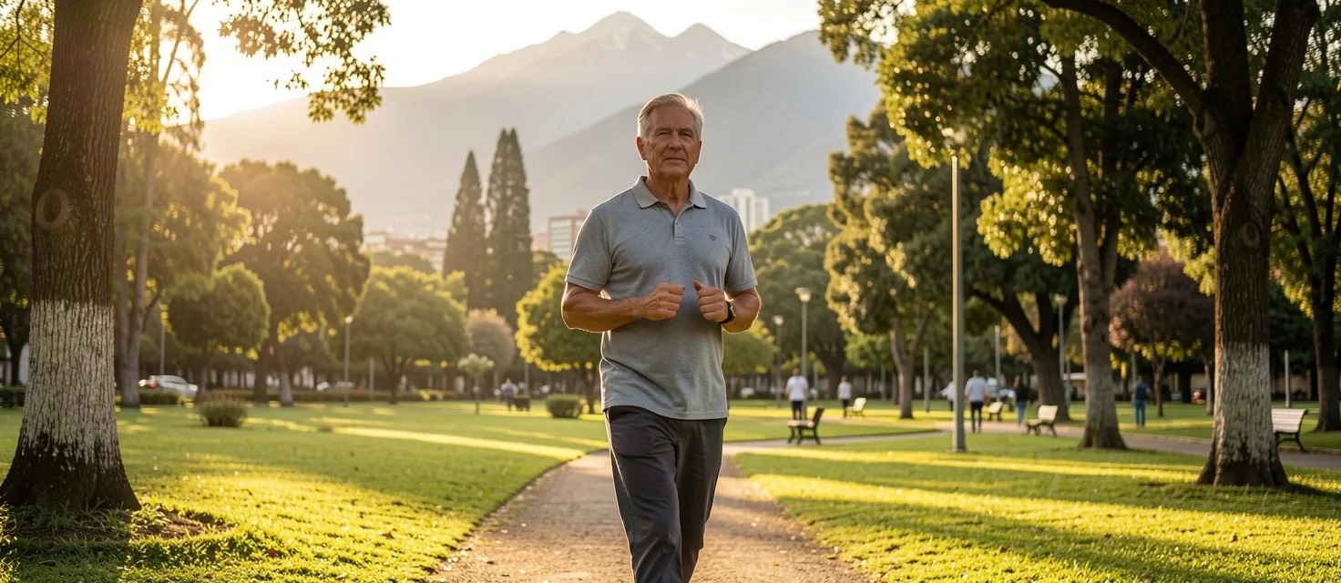 Hombre mayor caminando en un parque de Bogotá con montañas al fondo