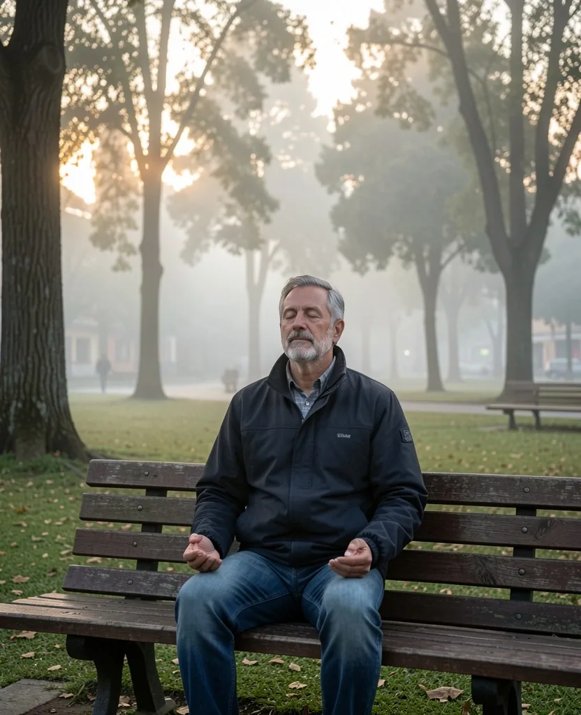 Hombre en meditación matutina en un parque de Bogotá