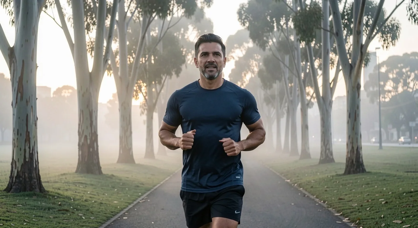 Hombre corriendo al amanecer en un parque de Bogotá