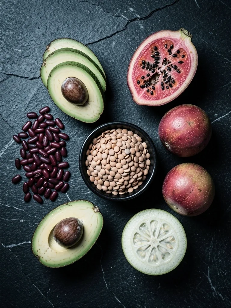 Ingredientes locales sobre superficie oscura