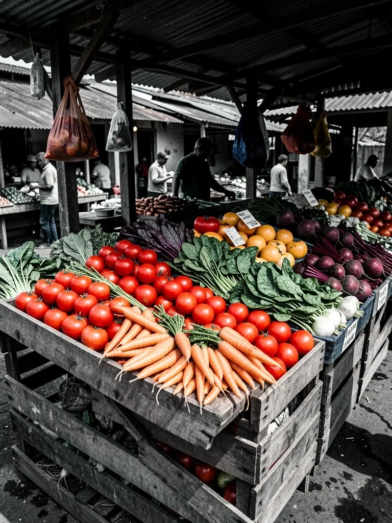 Puesto de mercado con vegetales frescos coloridos