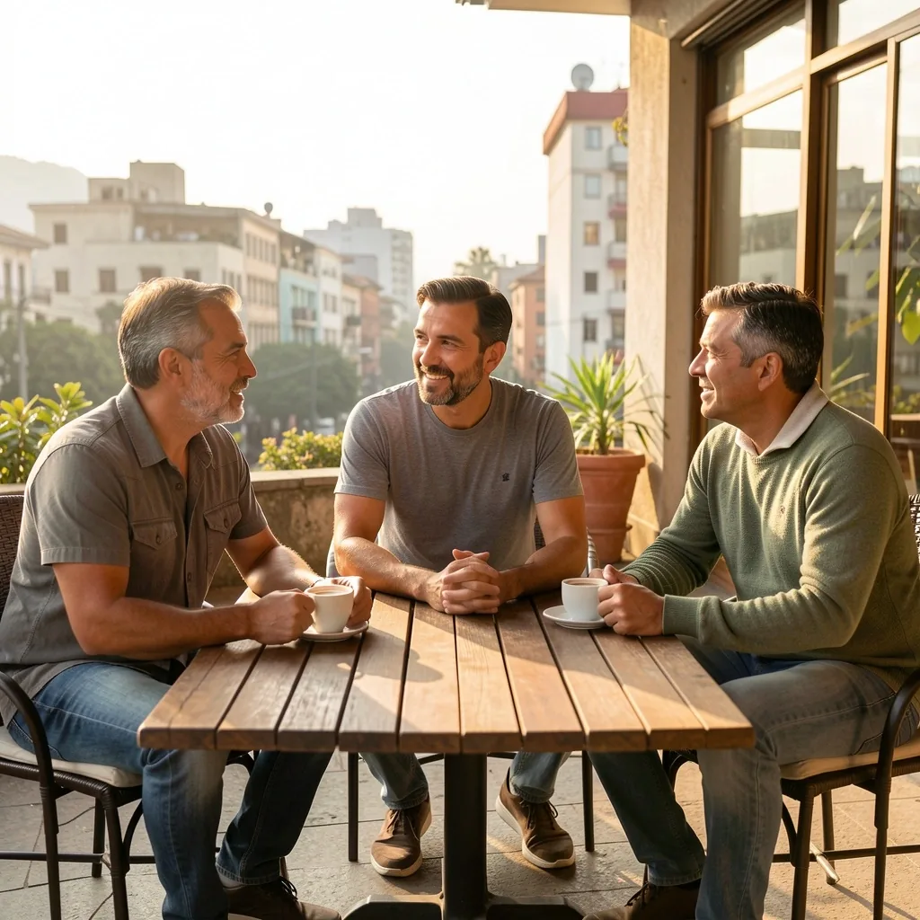 Hombres colombianos conversando sobre bienestar