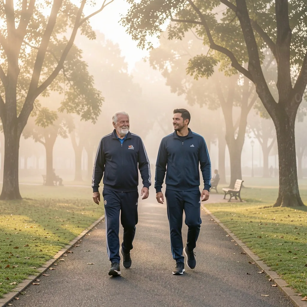 Padre e hijo colombianos caminando al amanecer en Bogotá