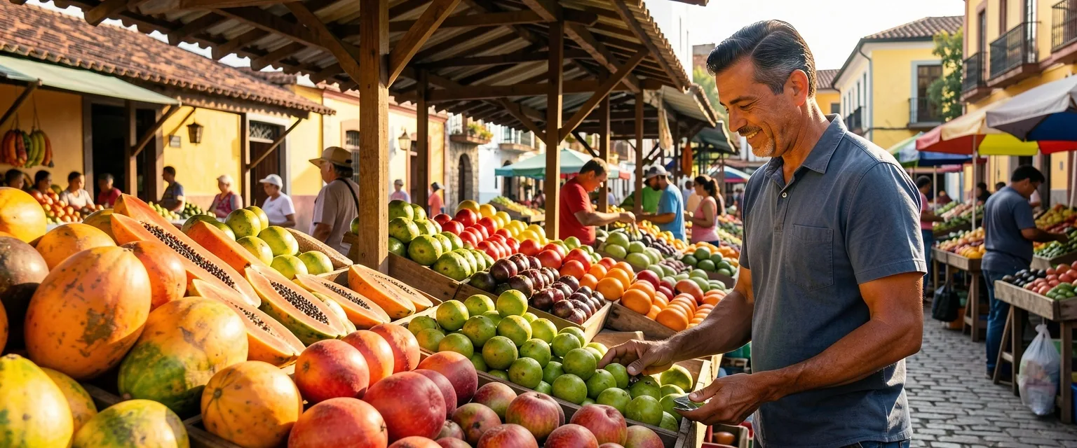 Plaza de mercado colombiana con frutas frescas